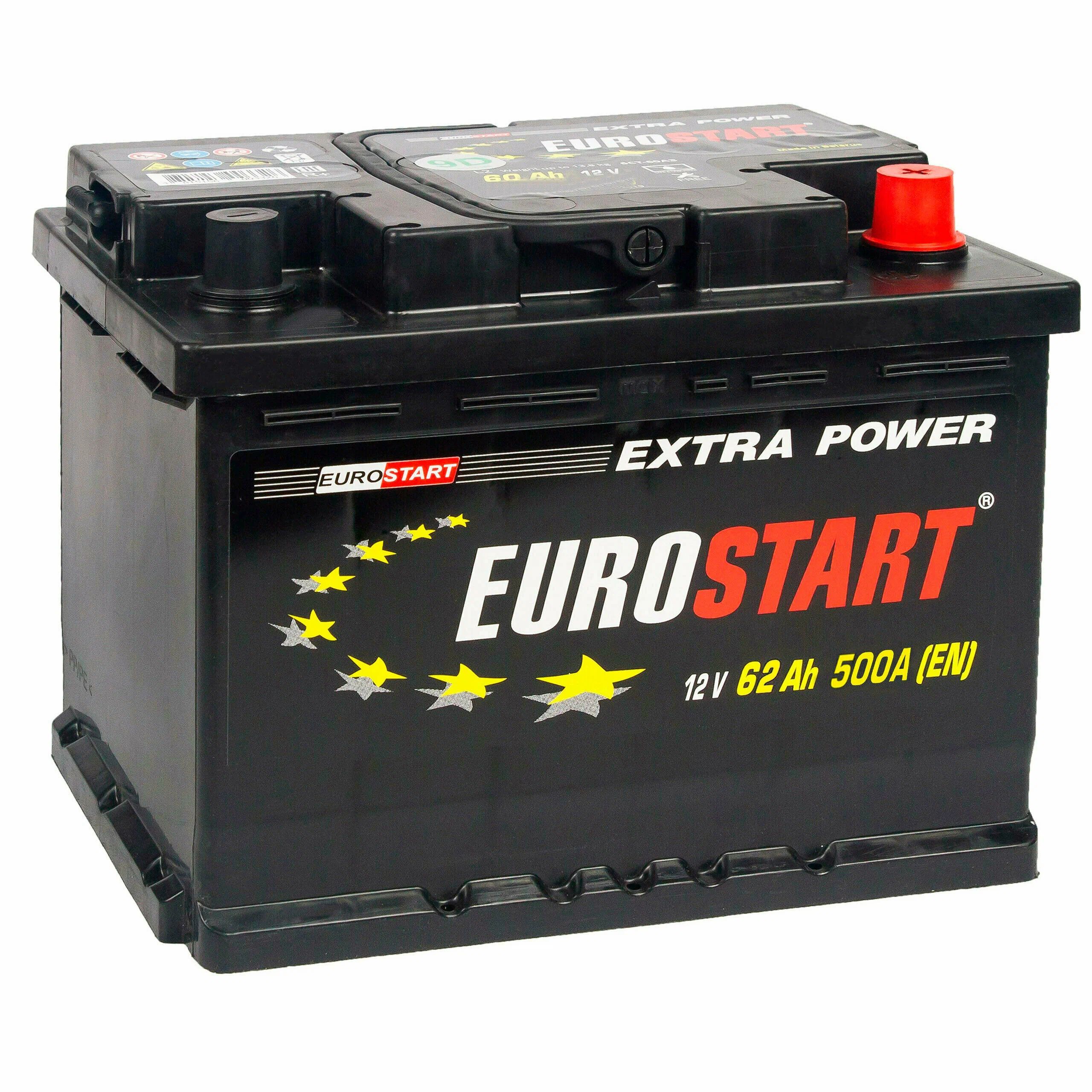 Аккумулятор автомобильный 12v 62 Ah EUROSTART Extra Power 62 Ah 500 A обратная полярность 242х175x175 стартерный акб для автомобиля, машины