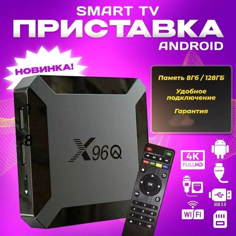 Смарт ТВ приставка X96 8/128 ГБ , 4K Ultra HD, Медиаплеер SMART TV, Wi-Fi