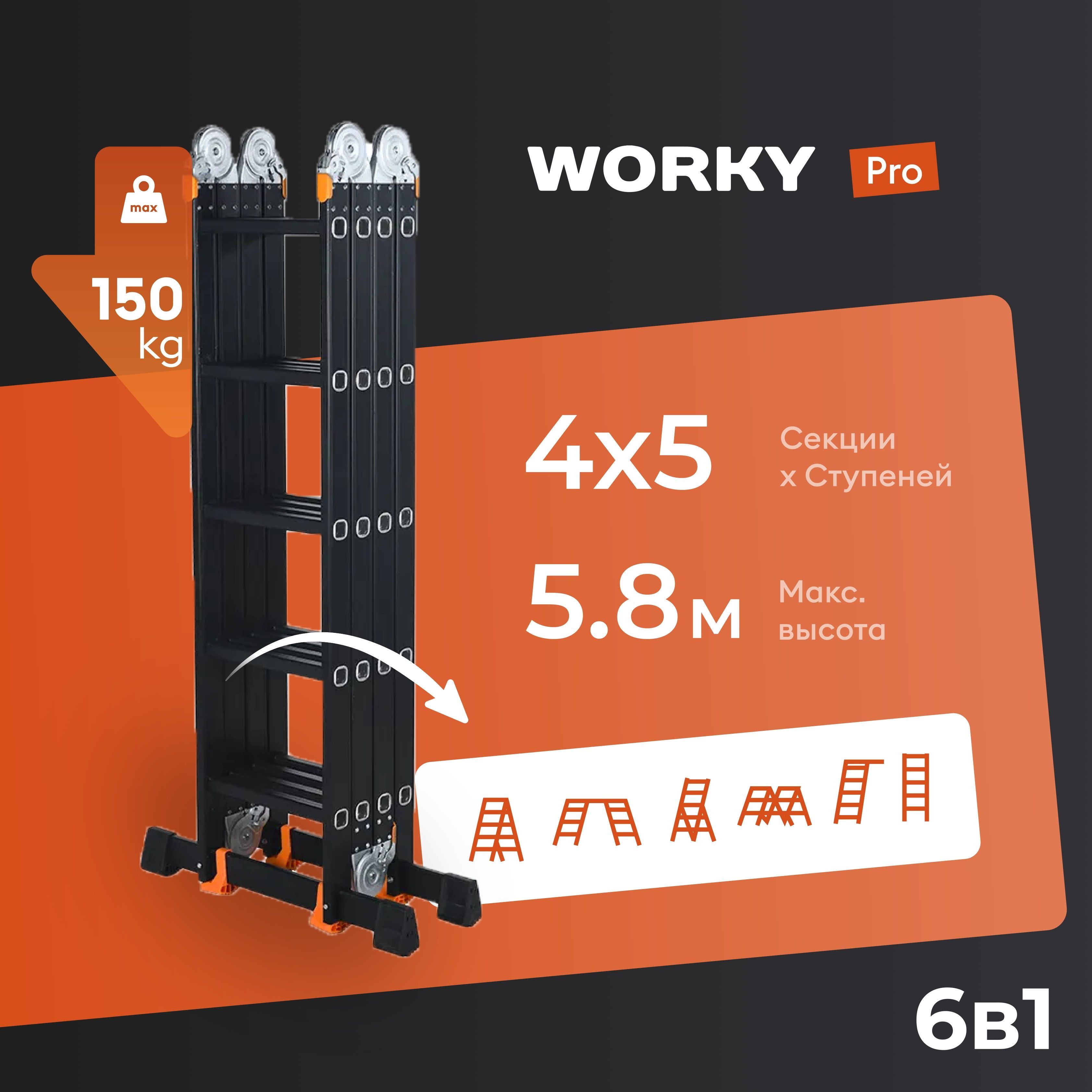 Лестница-стремянка 4x5 трансформер WORKY Pro, высота 5,8м