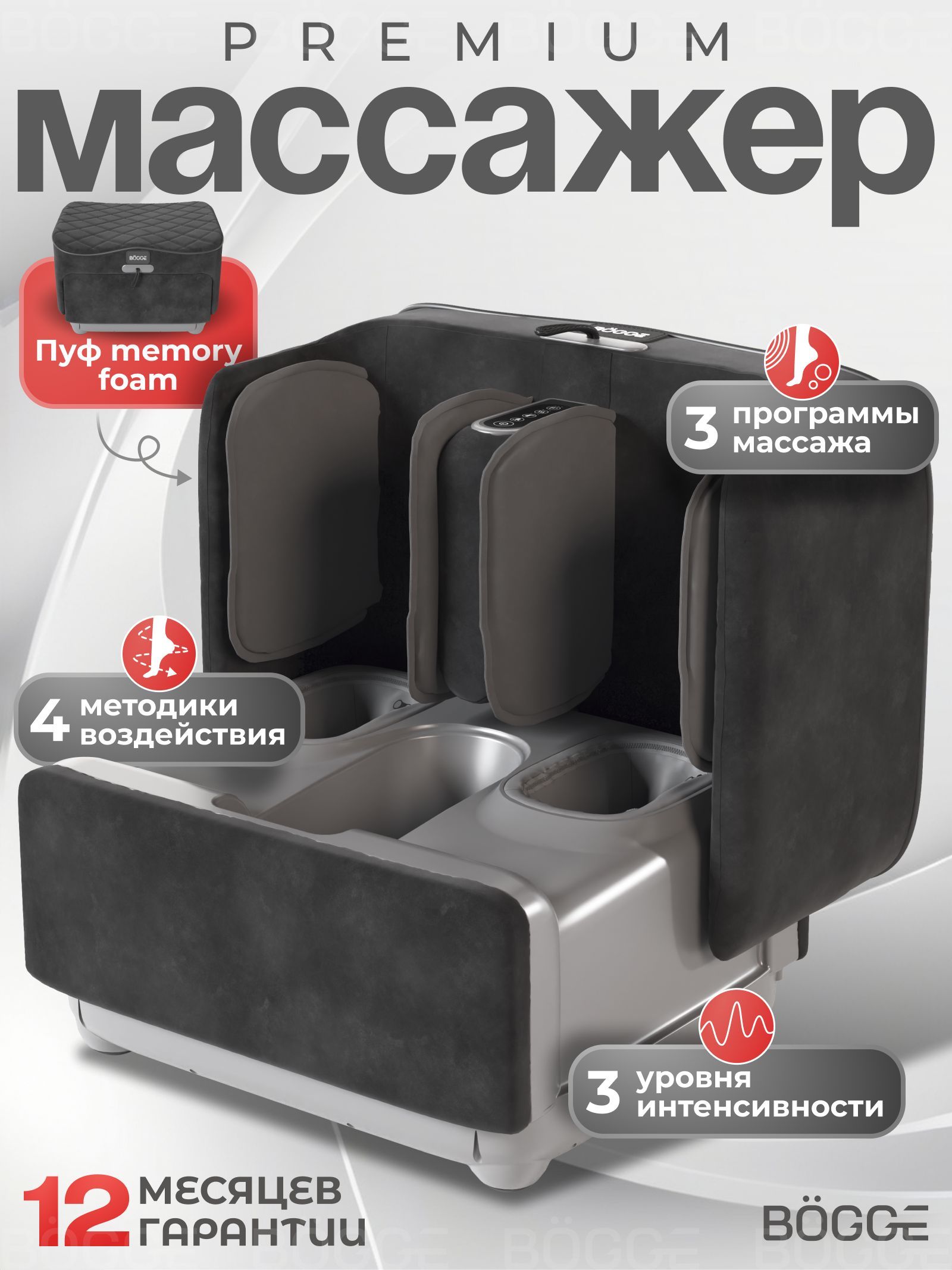 МассажердляногэлектрическийлимфодренажныйBOGGEEliteFoot,роликовый,воздушно-компрессионный,4в1,массажердляногввидепуфика