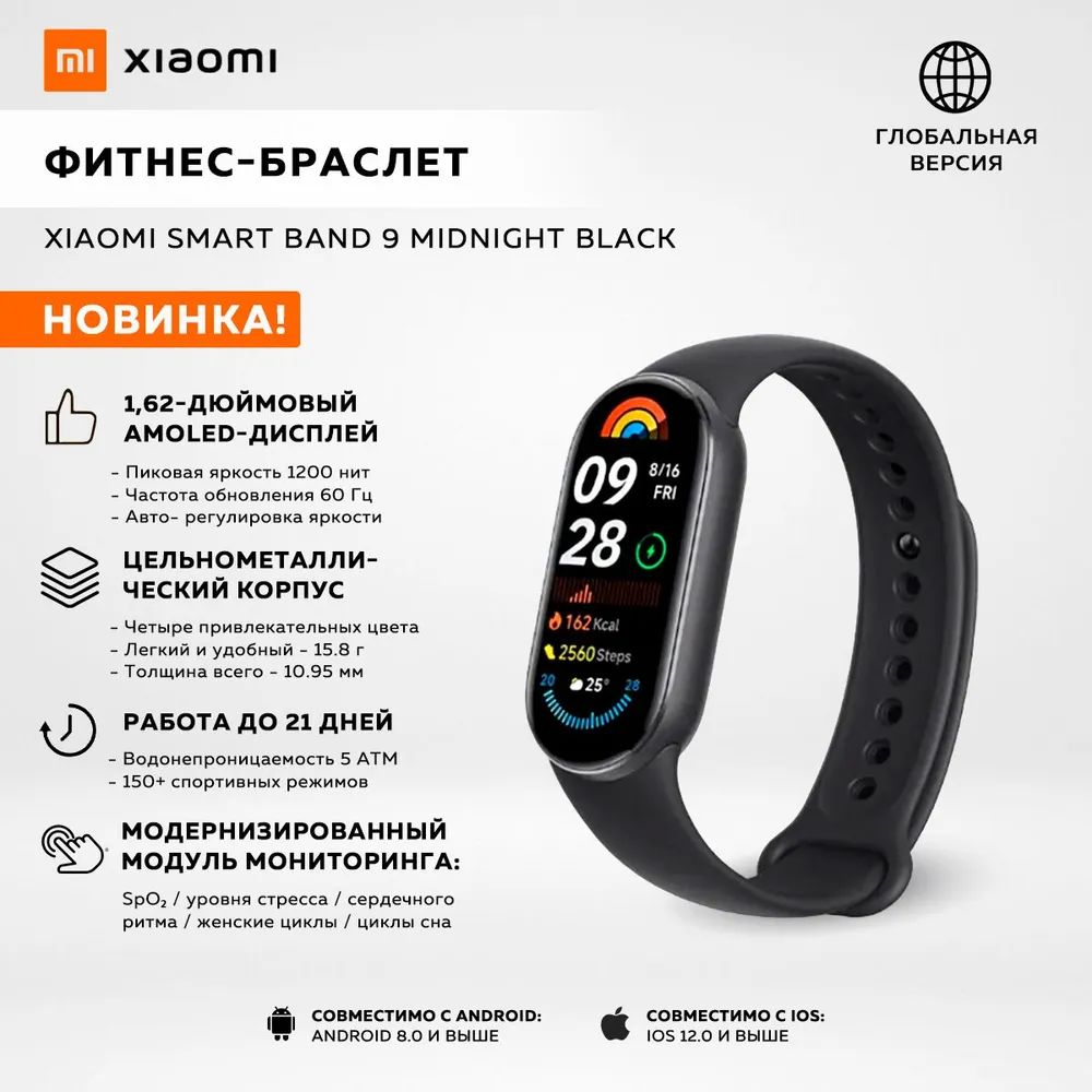 Фитнес-браслетXiaomiSmartBand9BHR8337GL(MidnightBlack)