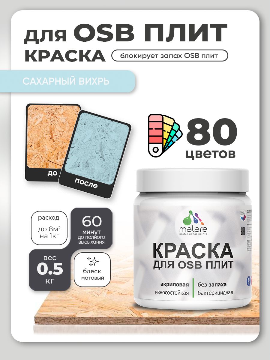 Акриловая краска для ОСБ плит Malare для дерева для наружных и внутренних работ, быстросохнущая без запаха матовая, сахарный вихрь, 0.5 кг