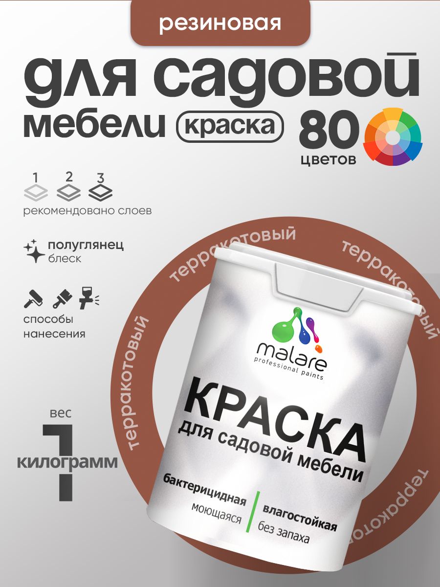 Резиновая краска Malare для садовой мебели/ по дереву, для наружных и внутренних работ/ быстросохнущая моющаяся без запаха полуглянцевая, терракотовый, 1 кг
