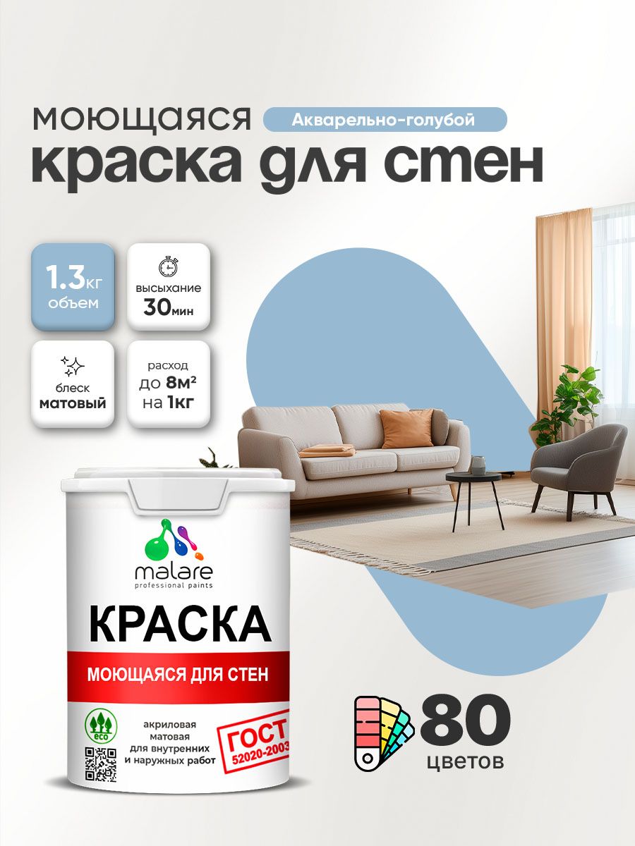 Моющаяся акриловая Краска Malare "ГОСТ" для стен и обоев, для потолка, универсальная для внутренних и наружных работ, быстросохнущая без запаха, матовая, акварельно-голубой, (1л - 1.3кг)