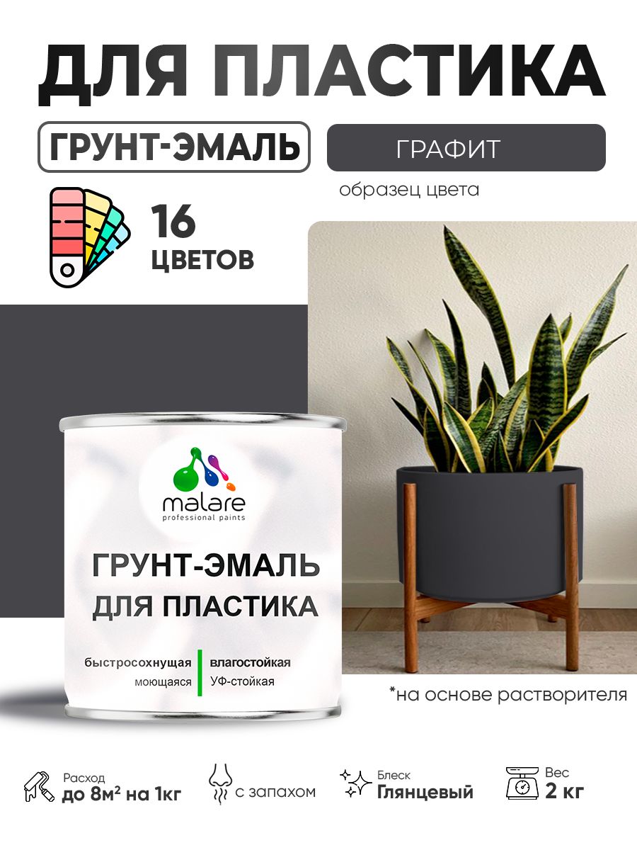 Грунт-Эмаль для пластика Malare краска для пластика/ для сайдинга, для окон и подоконников ПВХ/ для внутренних и наружных работ, быстросохнущая RAL 7024 графитово-серый(темный), глянцевая, 2 кг