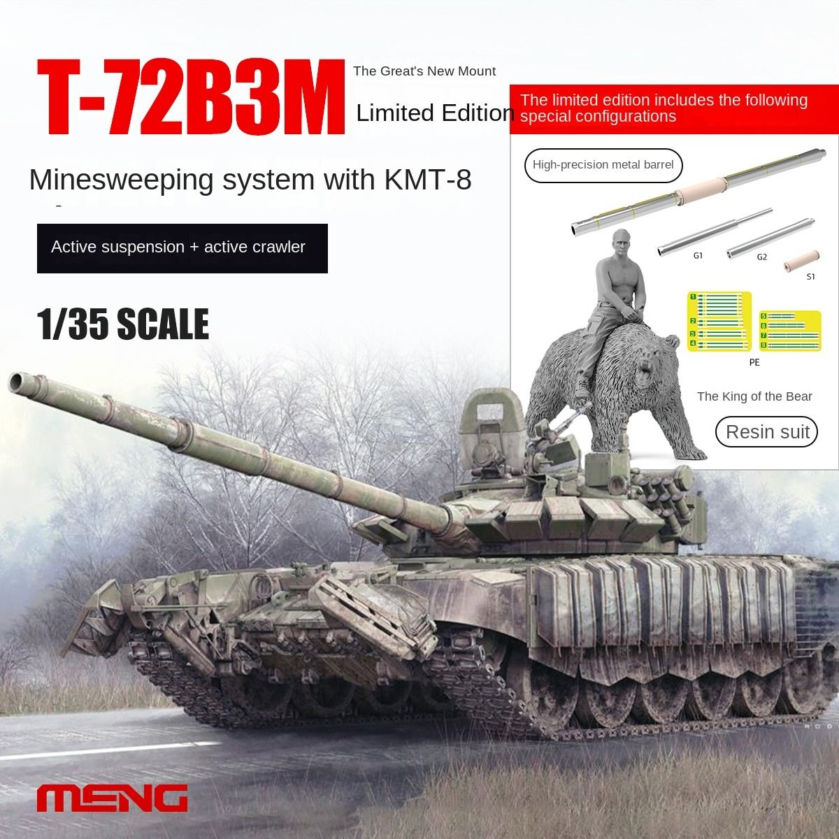 MENGTS-053S1/35СпециальноеизданиеT-72B3Mсборнаямодельтанкаw/KMT-8иметаллическиебочкиимедведь