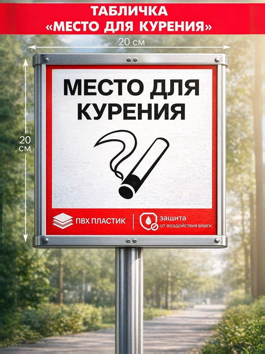 Табличка Место для курения 20х20 см / Знак самоклеящийся информационный на дверь и стену / Наклейка для курилки