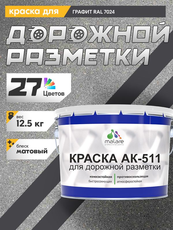 Дорожная краска АК-511 Malare для дорожной разметки, краска для пола по бетону, износостойкая, быстросохнущая, матовая RAL 7024, графитово-серый(темный), 12,5 кг