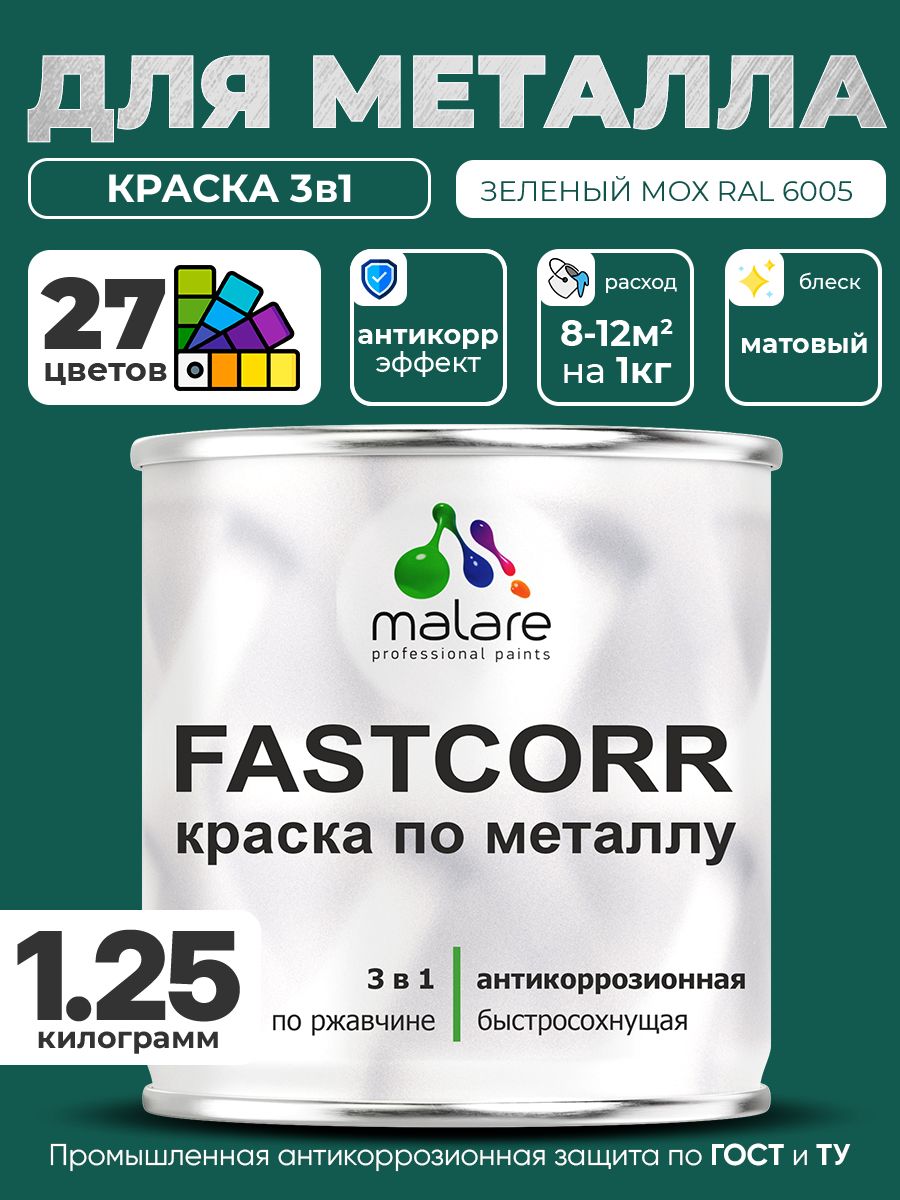 Краска для металла по ржавчине Malare FastCorr, для наружных работ износостойкая, быстросохнущая RAL 6005 зелёный мох, матовая, 1,25 кг