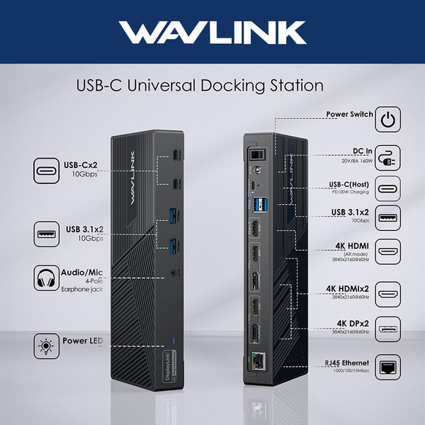 WAVLINK Док-станция DisplayLink 15-В-1 USB C с тройным дисплеем 4K или ...