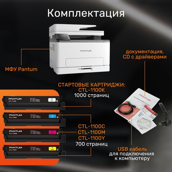 МФУ лазерный цветной Pantum CM1100ADW, принтер, сканер, копир, Wi-Fi ...