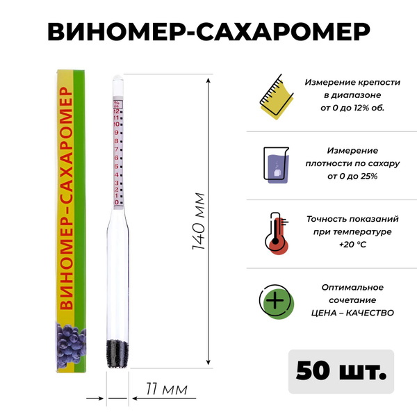 Виномер сахаромер бытовой (спирт 0-12%, сахар 0-25%), 50 шт купить на ...
