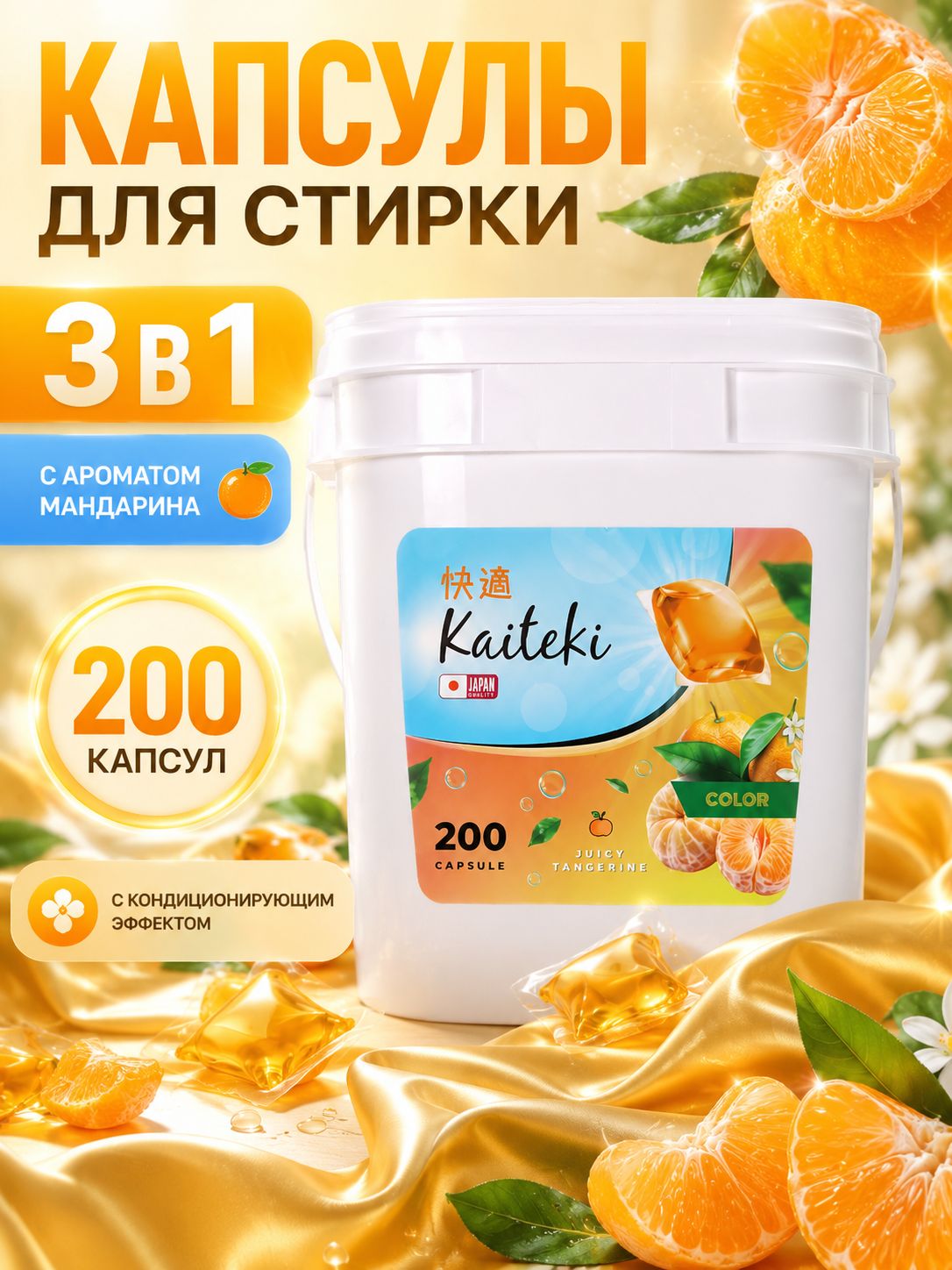 Капсулы для стирки 3в1 Kaiteki с кондиционером, Цветущий мандарин и Жасмин, 200 шт