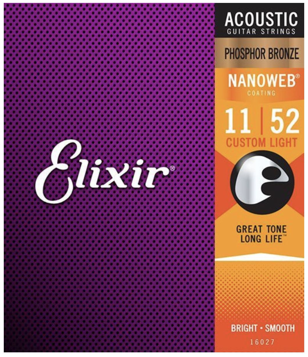 Струны для акустической гитары Elixir 16027 NANOWEB Custom Light 11-52, фосфорная бронза