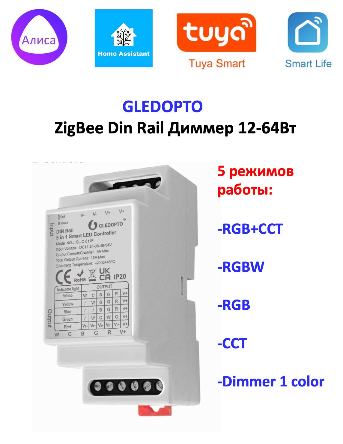 ZigBee диммер на Din рейку Gledopto 12-54V