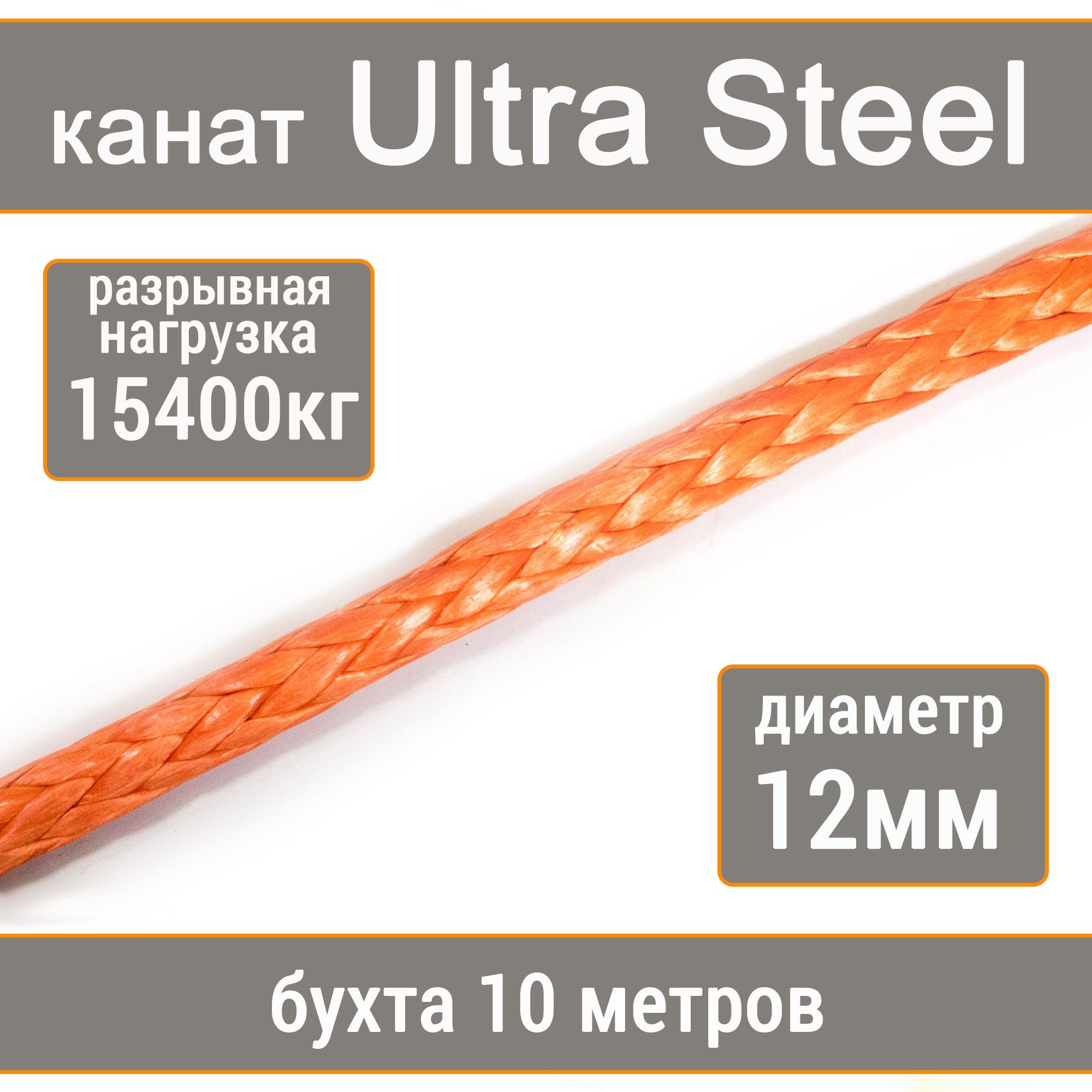 ВысокопрочныйсинтетическийканатUTXUltraSteel12ммр.н.неменее15400кгизволокнаUHMWPE,длина10метров