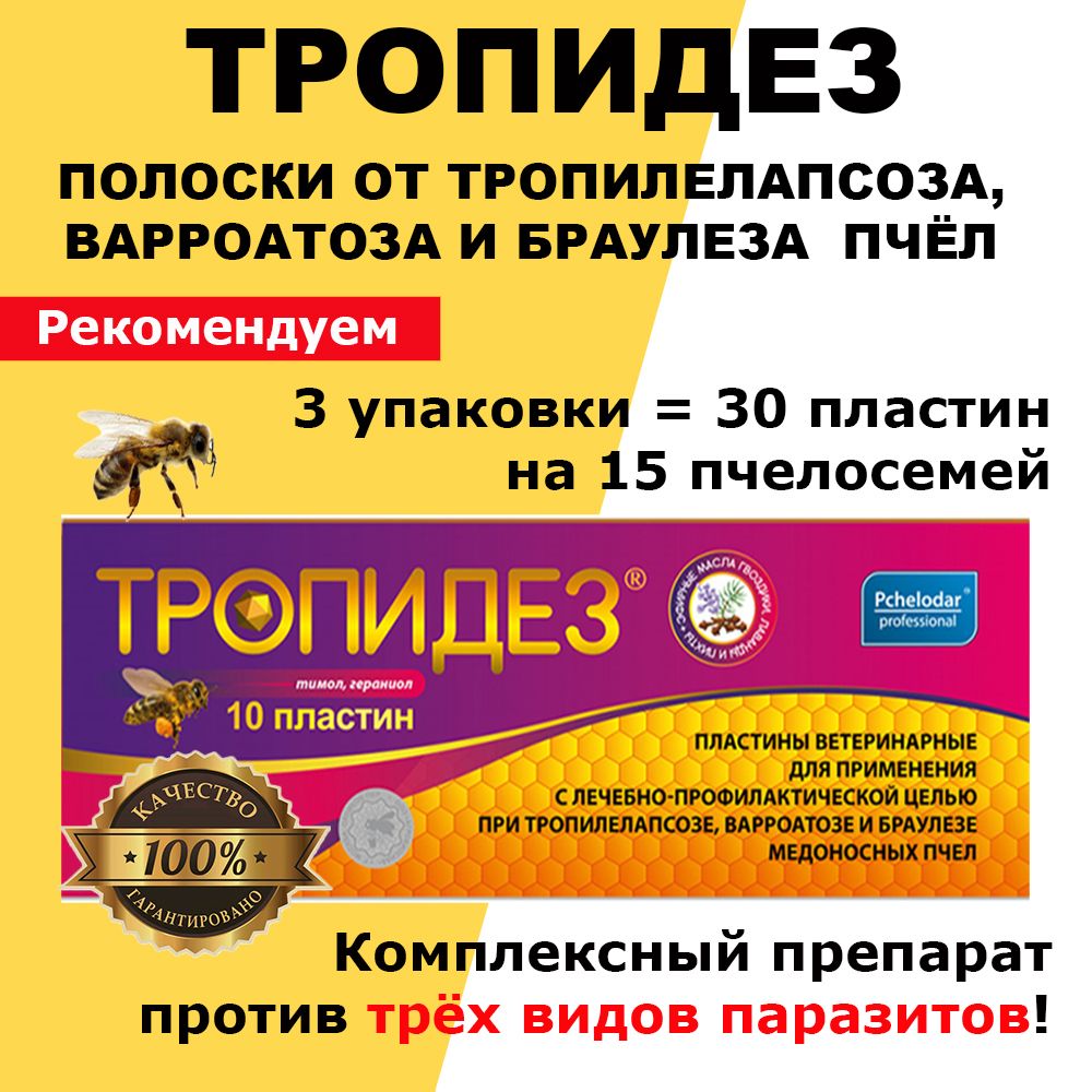 3 упаковки Тропидез пластины / полоски от тропилелапсоза, варроатоза и браулеза пчёл / 30 пластин на 15 пчелосемей