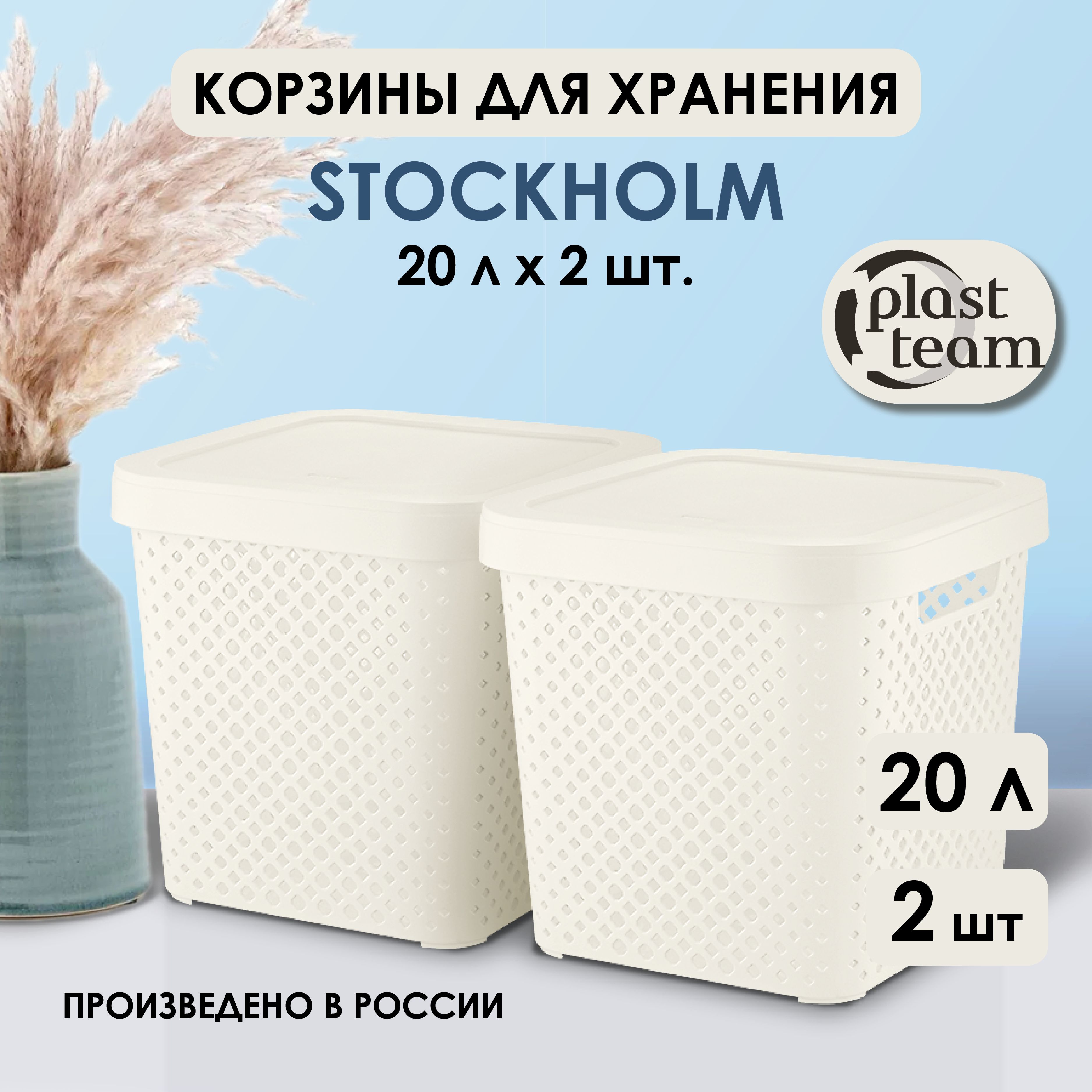 Корзины для хранения с крышкой 2 шт 20л Plast Team Stockholm, молочный туман, органайзер для дома; короб для обуви