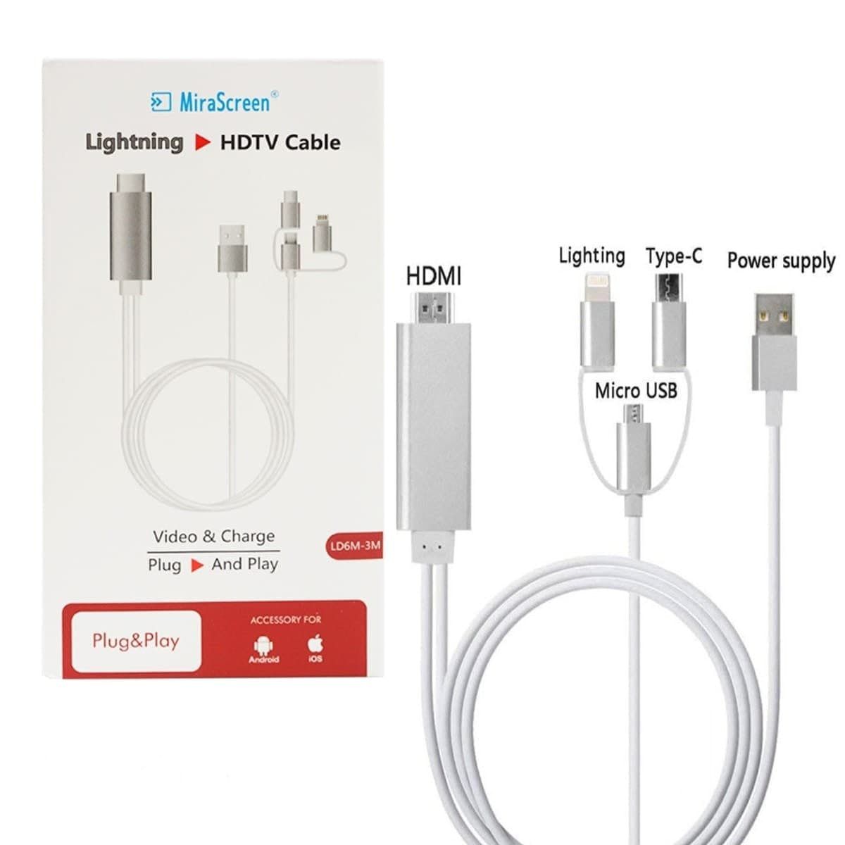 Кабель HDMI, USB Type-C MiraScreen Кабель видеоконвертер HDTV 3в1  Lightning+Micro+Type-C- HDMI ( LD6M-3M) - купить по низкой цене в  интернет-магазине OZON (1449667868)