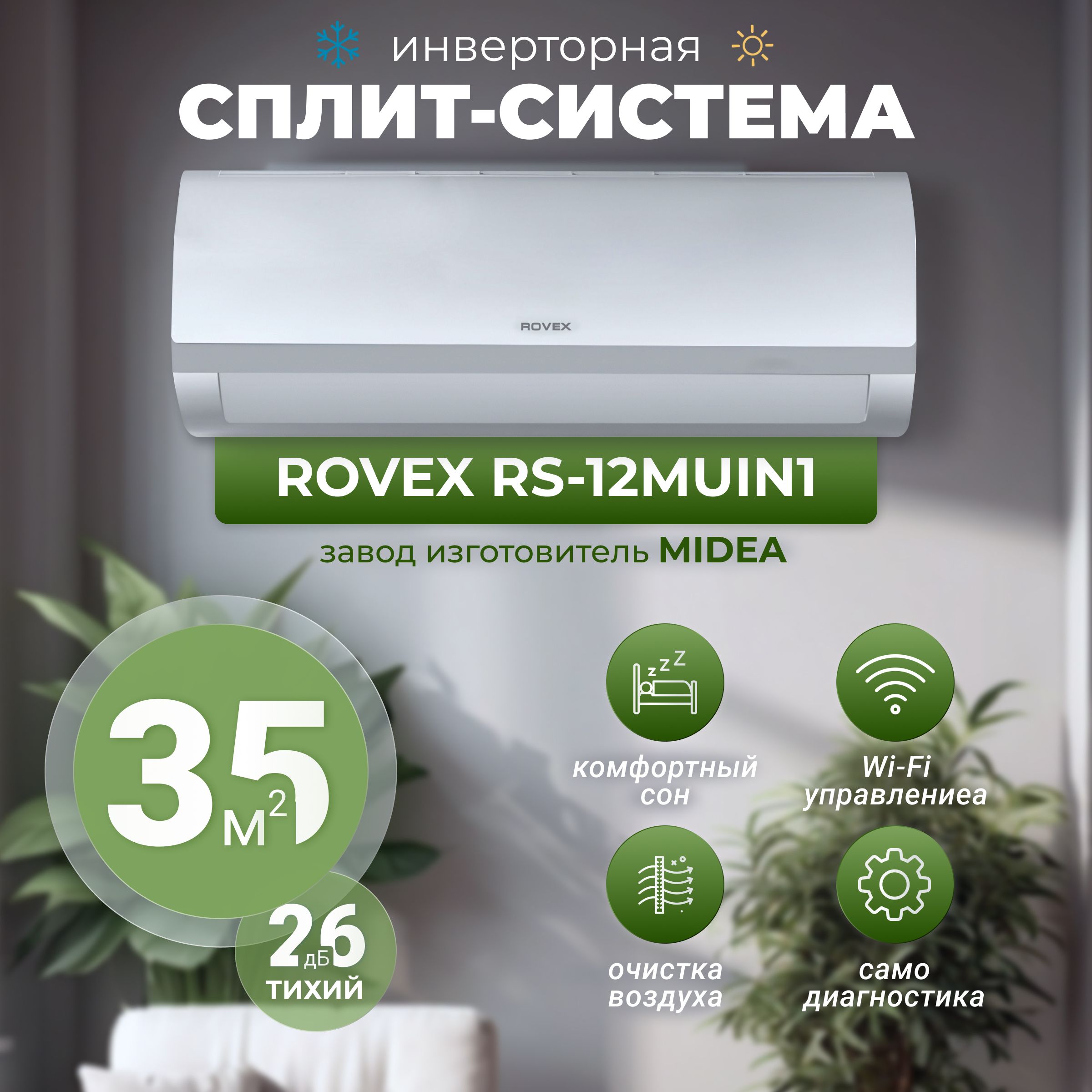 Сплит-система инверторная Rovex RS-12MUIN1 (сборка Midea) модуль wi-fi,  компрессор GMCC, на площадь до 37 метров