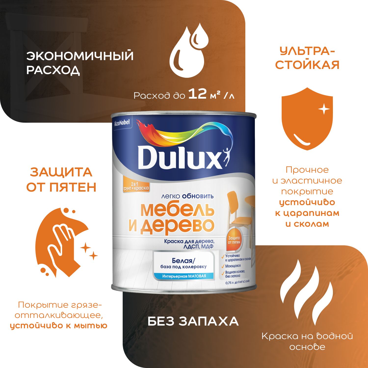 Dulux / Дюлакс Легко Обновить - Мебель и Дерево матовая износостойкая  краска на водной основе 0.75 л