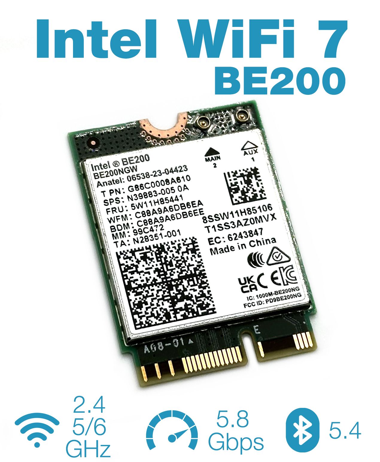 АдаптерWiFi7+BluetoothIntelBE200NGW(M.2,BE,AX,5.8Gbps,2.4/5/6Ghz,Bluetooth5.4)