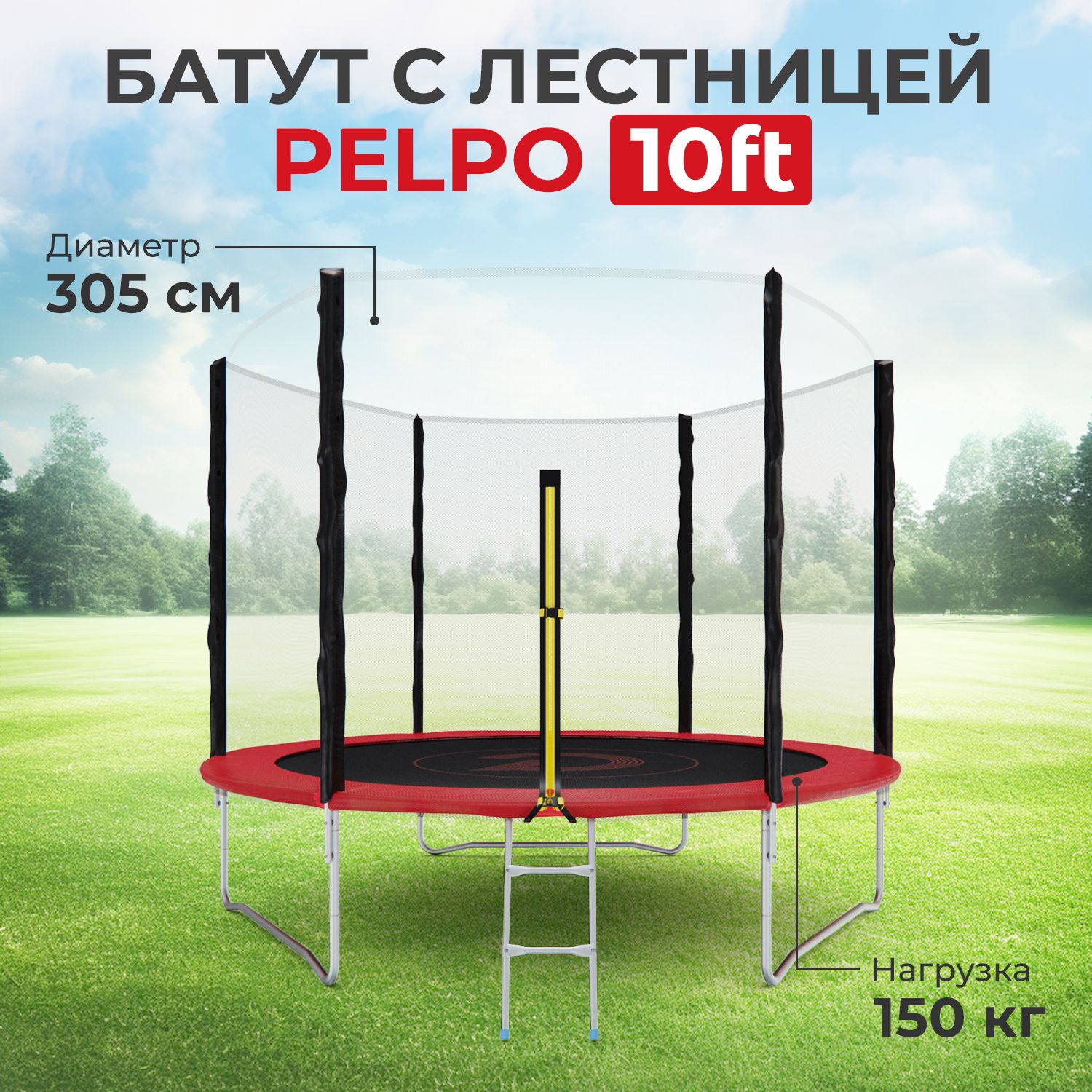 Батут с сеткой DFC PELPO 10ft с лестницей, RED