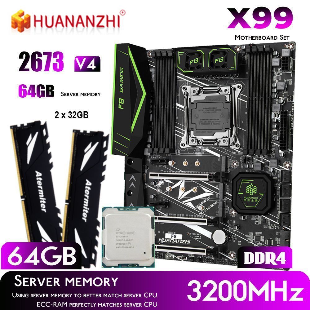 HUANANZHIКомпьютервсборкеF8X99XEONLGA2011-3+XeonE52673V42,3ГГц(20ядер/40потока)+64Гб(2шт.*32ГБ)DDR43200МГцREGECCWIFINVMEM.2