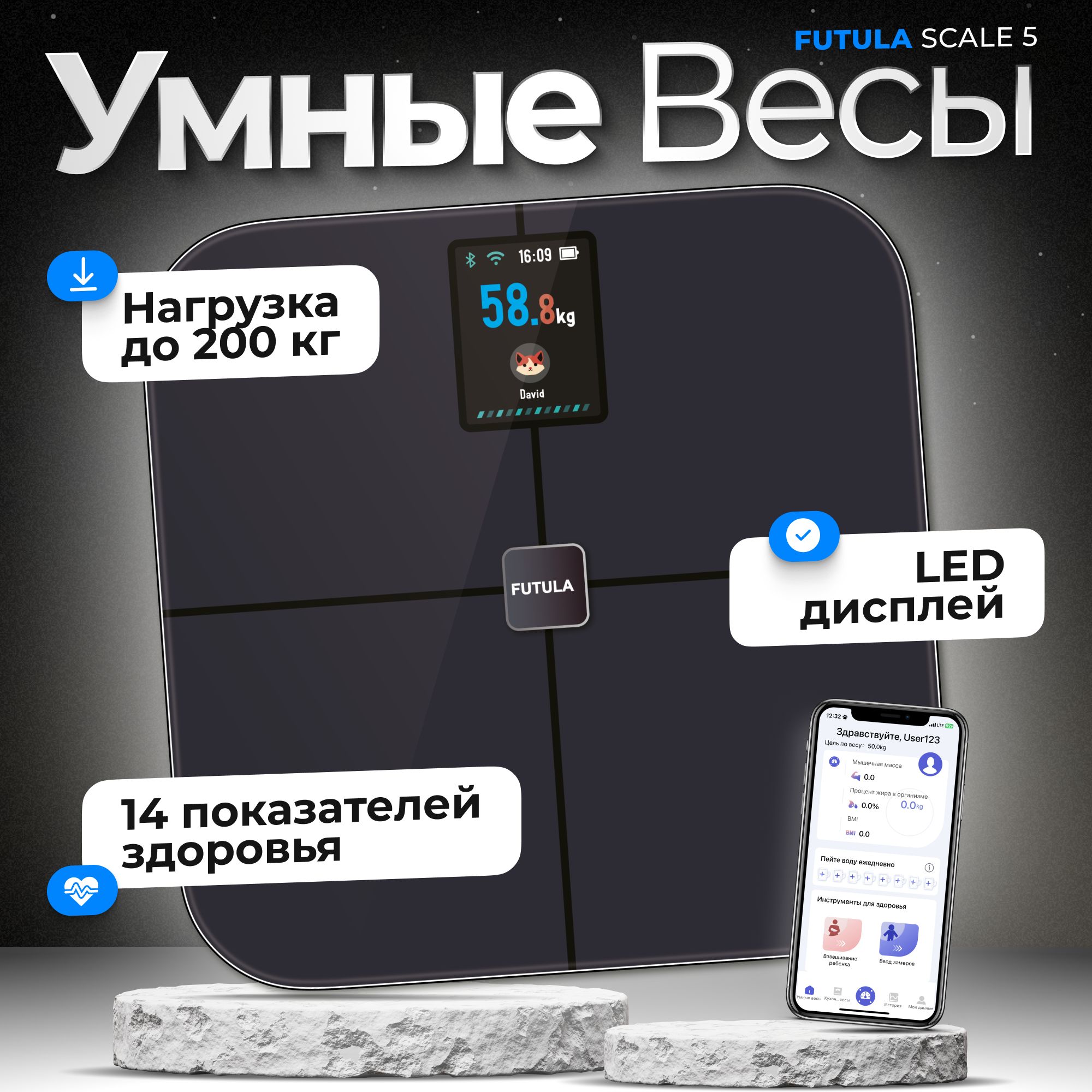 Весы напольные умные Futula Smart Scale 5 черные, Смарт весы электронные с  функцией Bluetooth, измерение 14 параметров тела