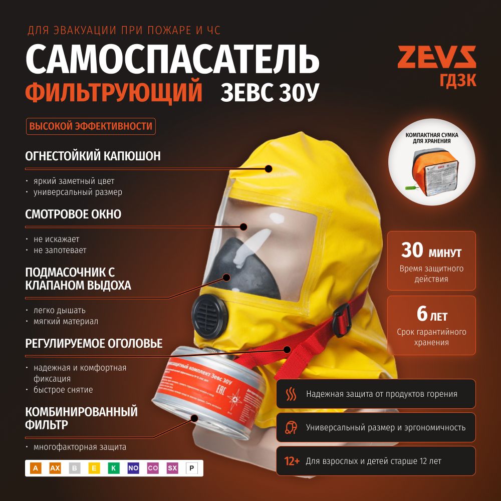 Самоспасатель при пожаре фильтрующий противогаз ZEVS 30У (ГДЗК-У) высокой  эффективности - купить с доставкой по выгодным ценам в интернет-магазине  OZON (1068133233)