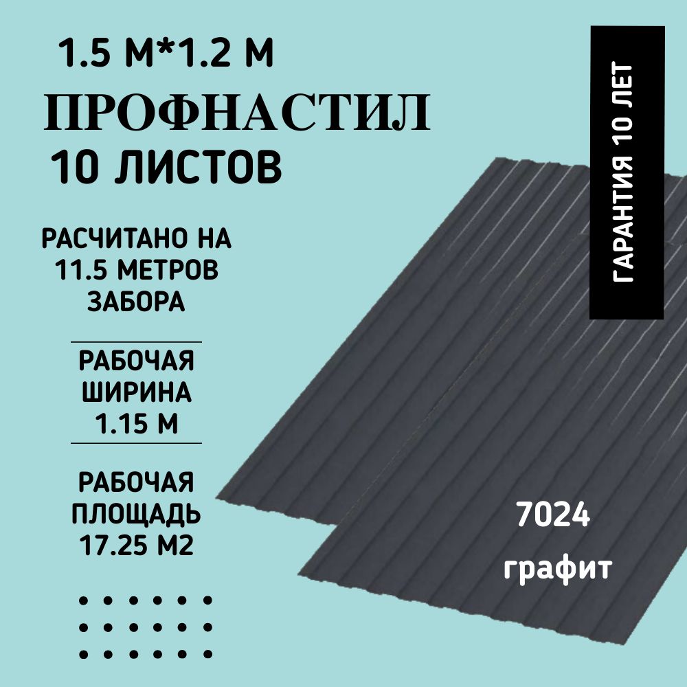 ПрофнастилназаборикровлюС870241500х1200метра.10ЛИСТОВграфит.профлист,оцинковкадлянавеса,бытовки,восьмерка