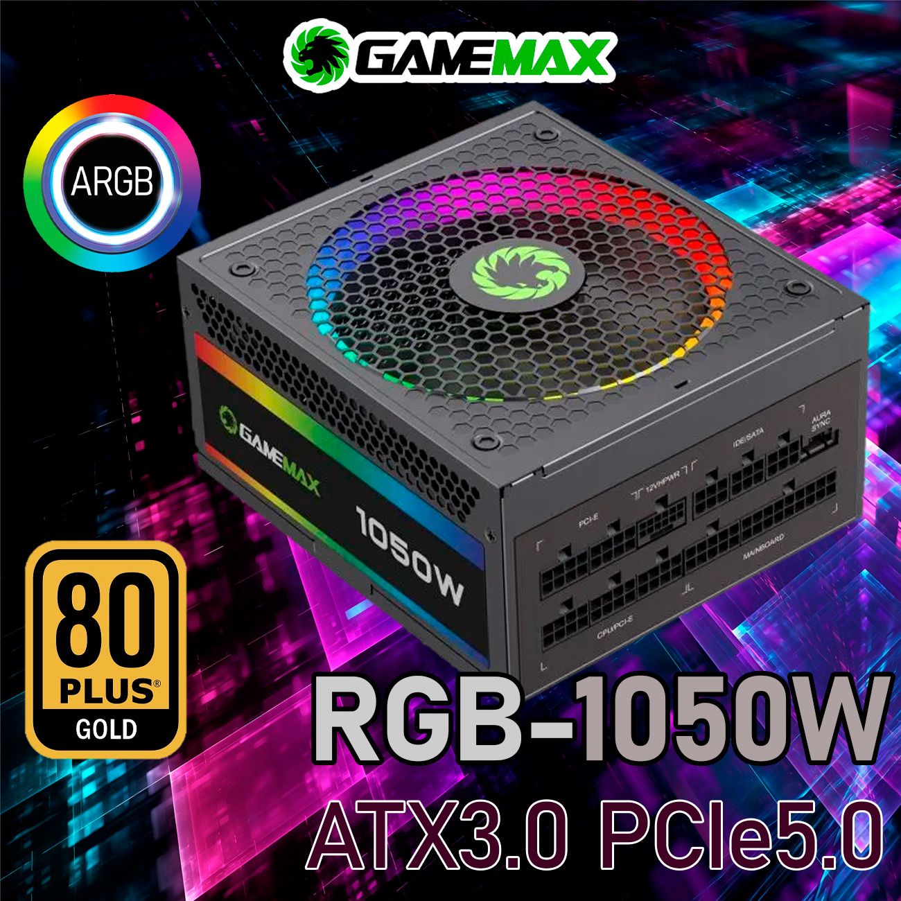 БлокпитаниядляПК1050W80+GoldGameMaxRGB-1050PROATX3.0PCIe5.0Черный140мм20+4pin2*4+4pin(CPU)4*6+2pin(PCI-E)1*12VHPWR(PCI-E)10*SATA3*MOLEX