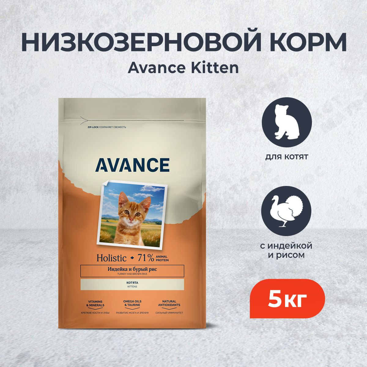 AvanceKittenполнорационныйсухойкормдлякотят,синдейкойибурымрисом-5кг