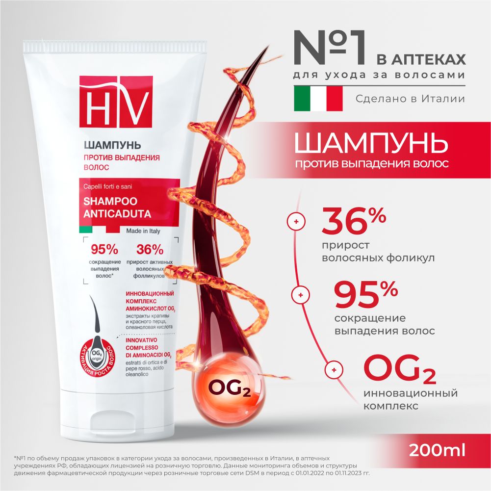 Hair Vital Шампунь против выпадения волос, комплекс аминокислот OG2, Италия, 200 мл.