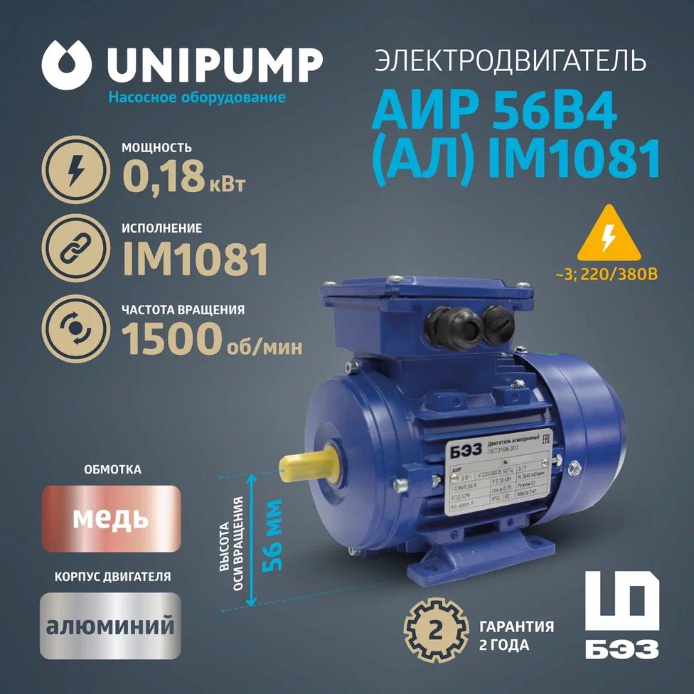 Электродвигатель АИР 56B4 (Алюминий) IM1081 (0,18 кВт/1500 об/мин), корпус алюминий