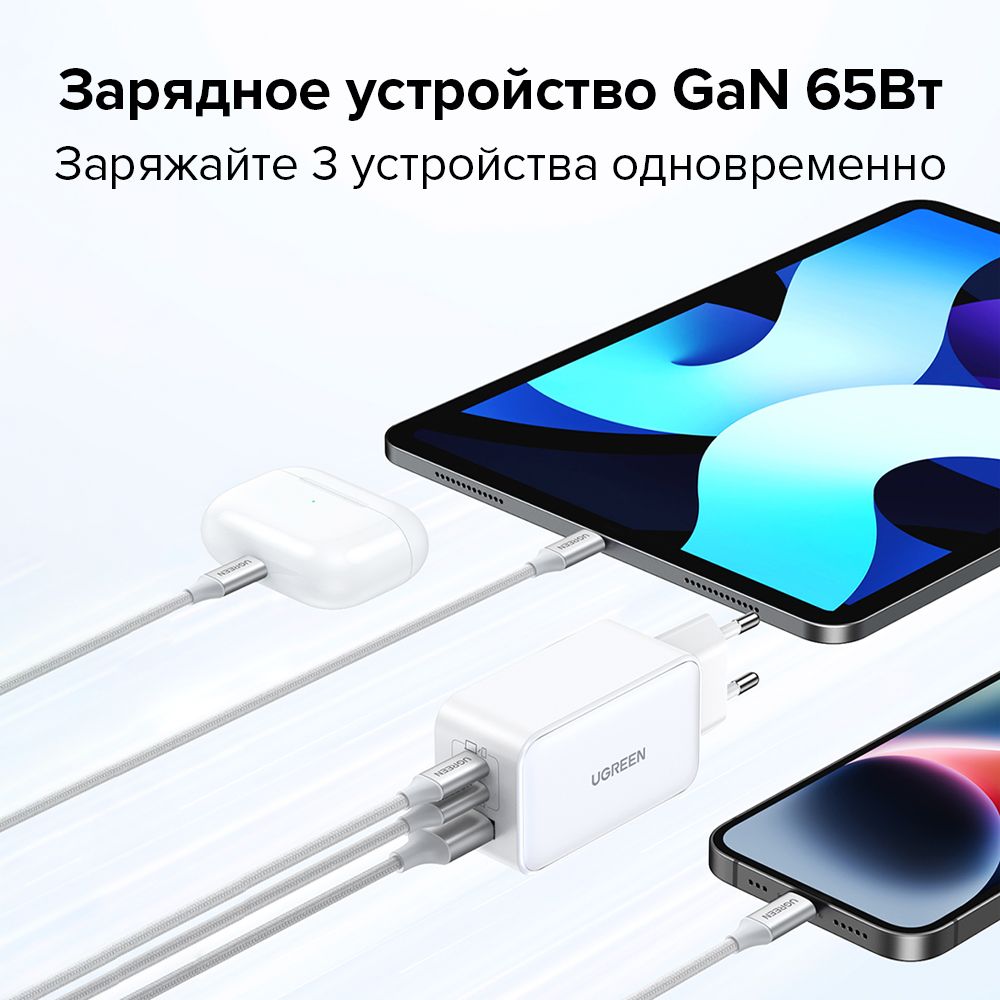 СетевоезарядноеустройствоUGREENNexode65ВТCD244(15334)USB-A+2*USB-CGaNTechFastChargerEU.Цвет:белый