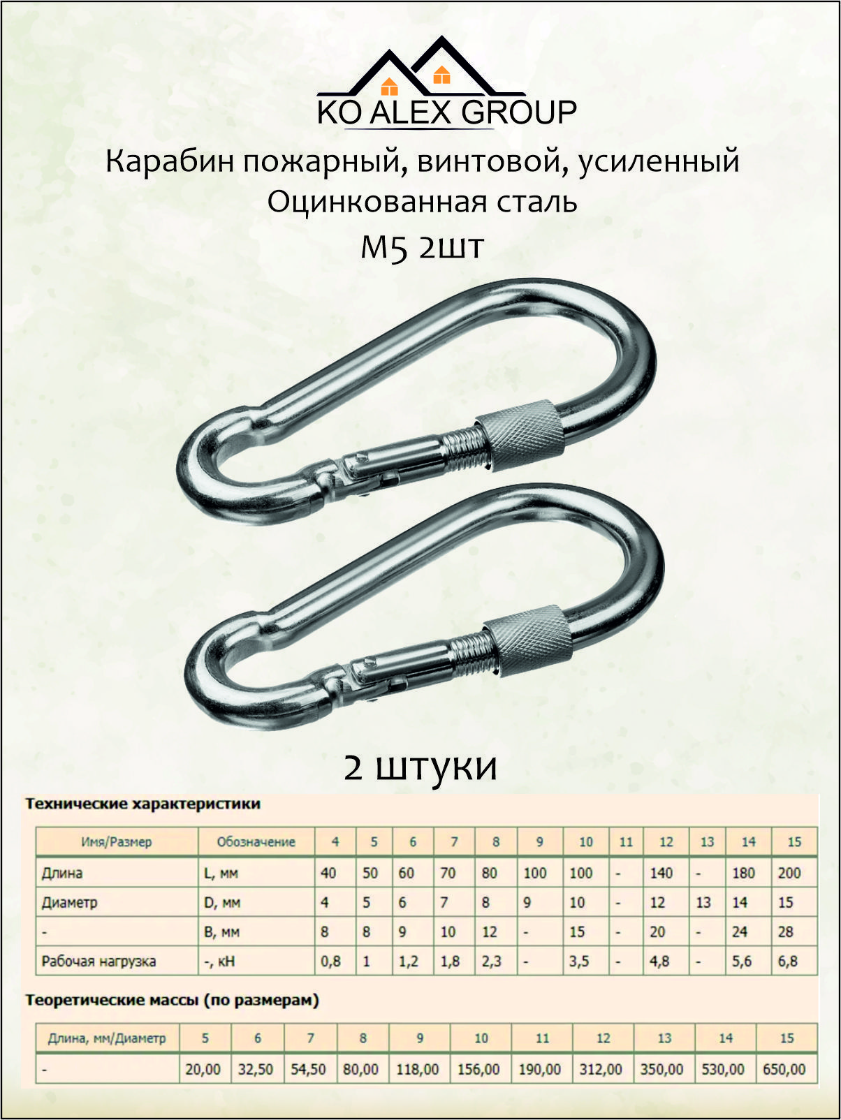 Карабин пожарный усиленный с фиксатором. М5. 2шт.