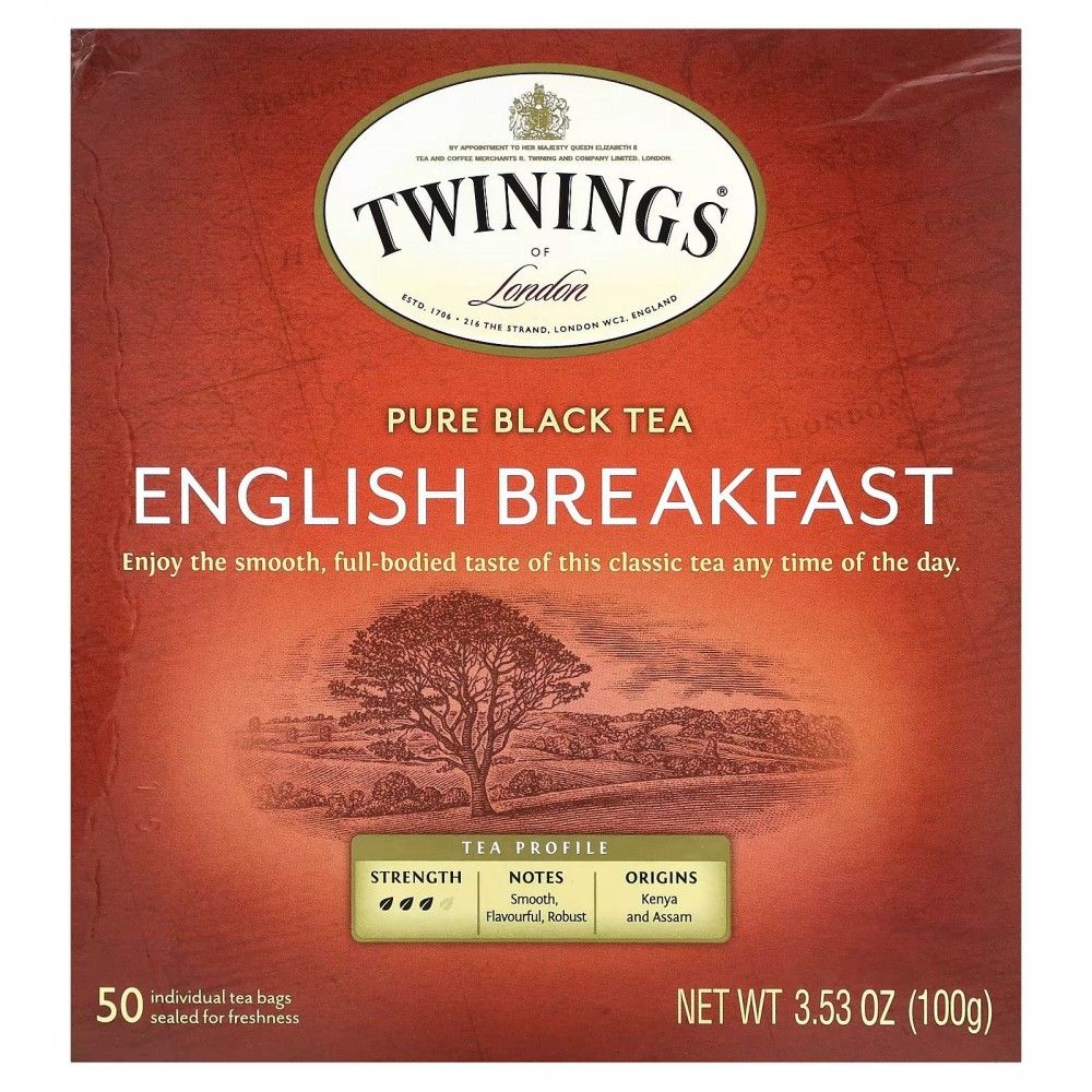 Twinings,PureBlackTea,EnglishBreakfast,50чайныхпакетиков,100г(3,53унции)