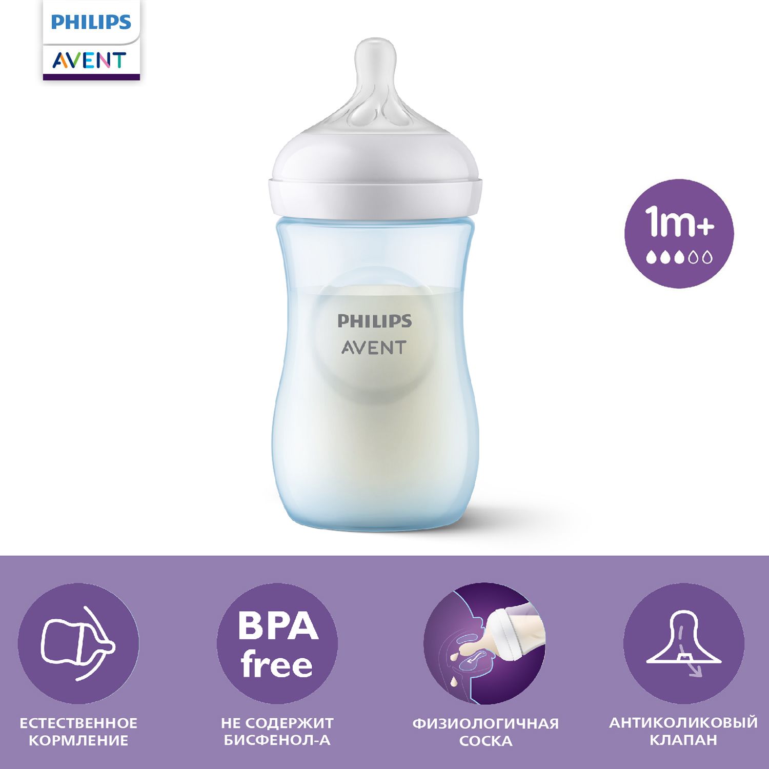 Бутылочка для кормления Philips Avent Natural Response, SCY903/21, 260 мл, 1 мес+, 1 шт, голубая, с антиколиковым клапаном