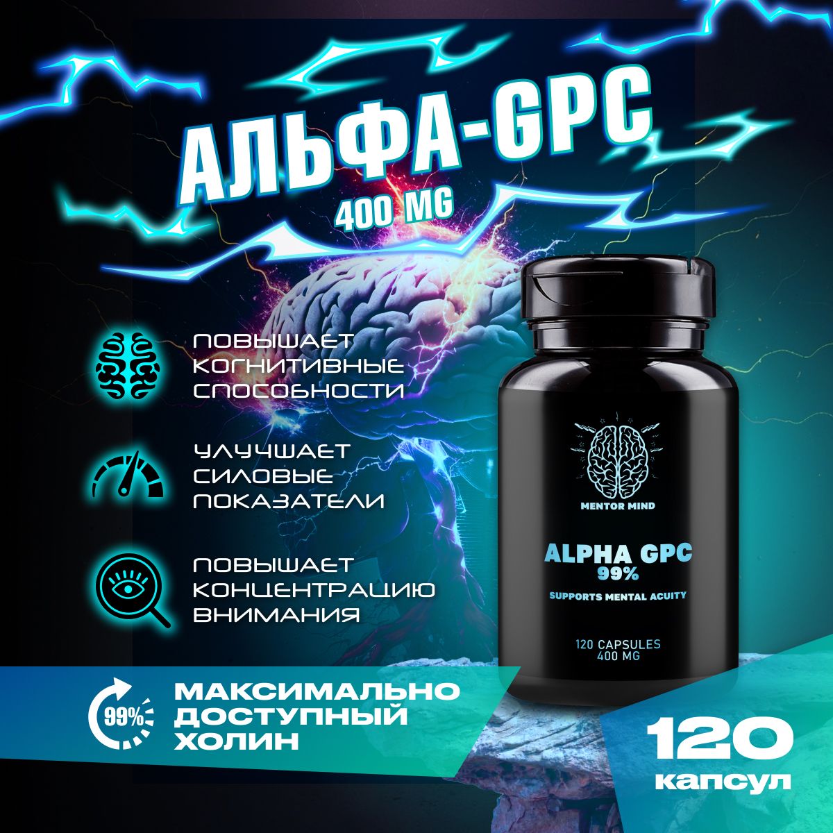 Alpha GPC 99% / Альфа ГФХ, 120к 400мг, Самый доступный Холин