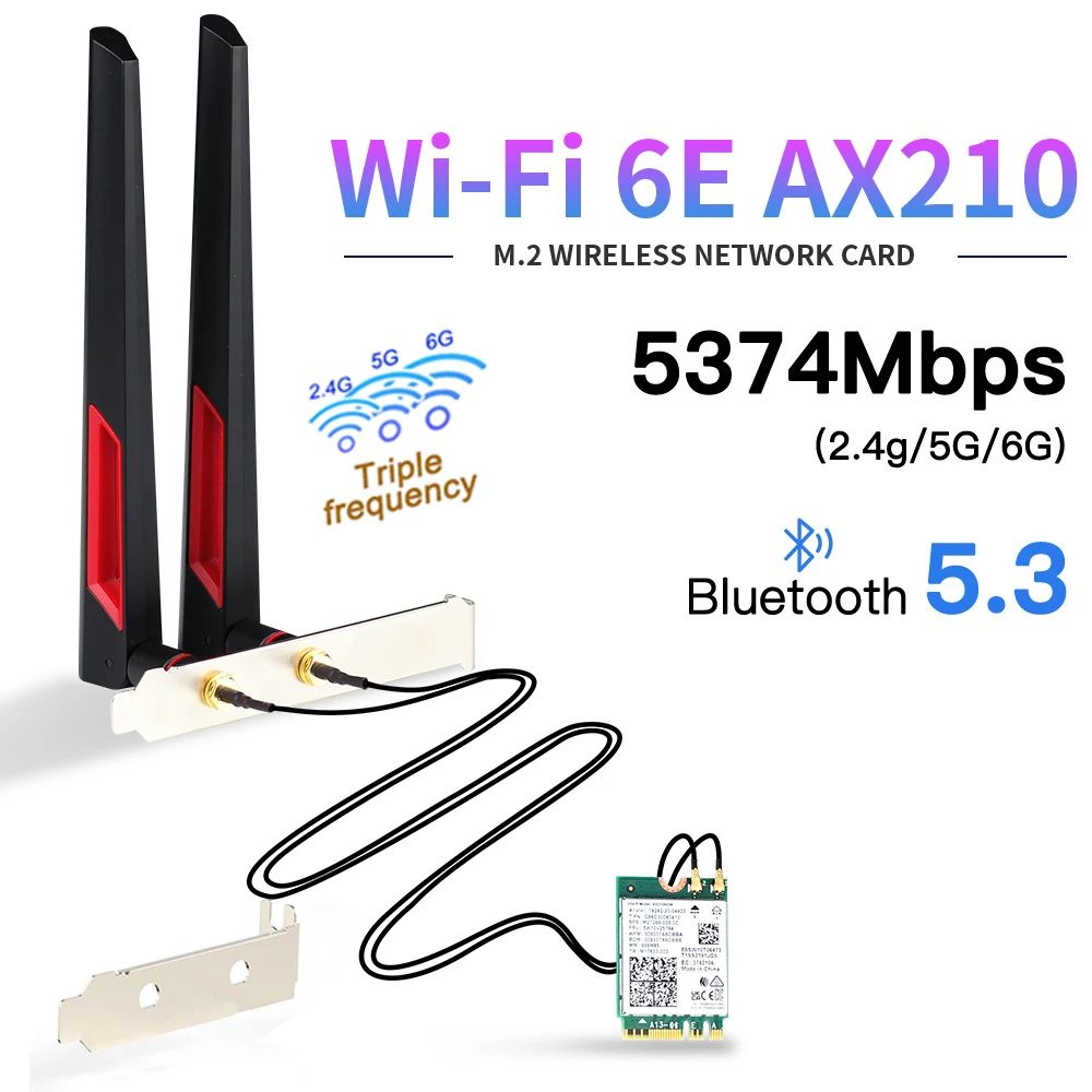 ВайфайWiFi6EIntelAX210M.2NGFFбеспроводнаякарта5374Мбит/сAX210NGWBluetooth5,310DBiантенна802.11axтрехдиапазонная2,4G/5ГГц/6ГГцдляПК