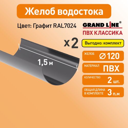 Желоб водосточный 1.5м, D120 Гранд Лайн (Классика) графит RAL 7024 / Водосток пластиковый Grand Line 120/90 (упаковка 2 шт)