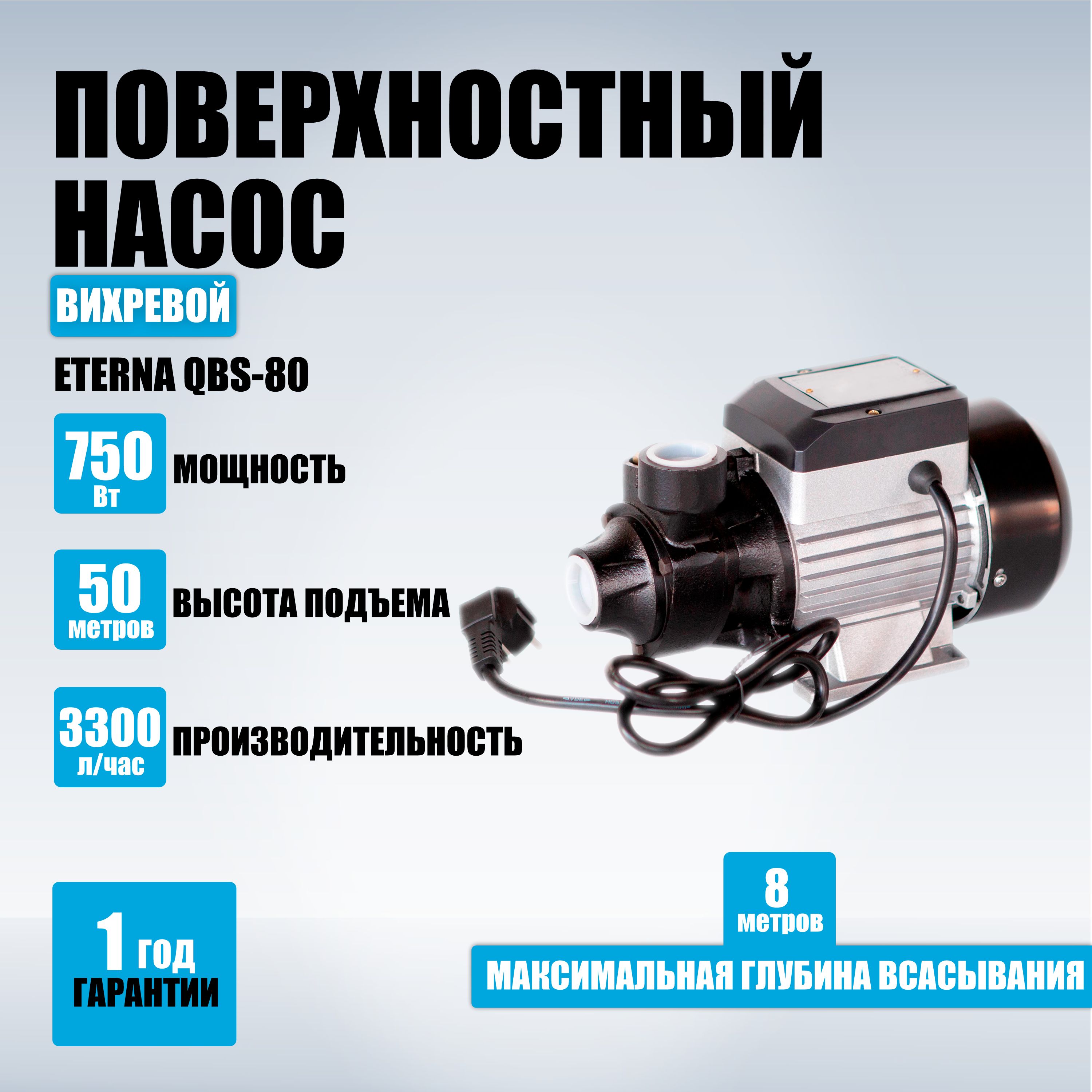 Поверхностный насос садовый ETERNA QBS-80, 50 м, 55 л/мин, 750 Вт