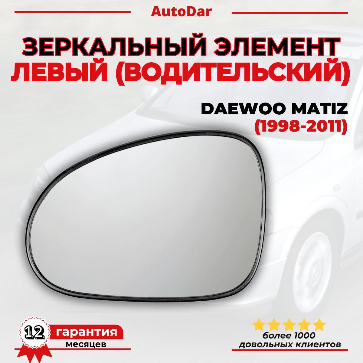 Зеркальный элемент левый(водительский) Daewoo Matiz