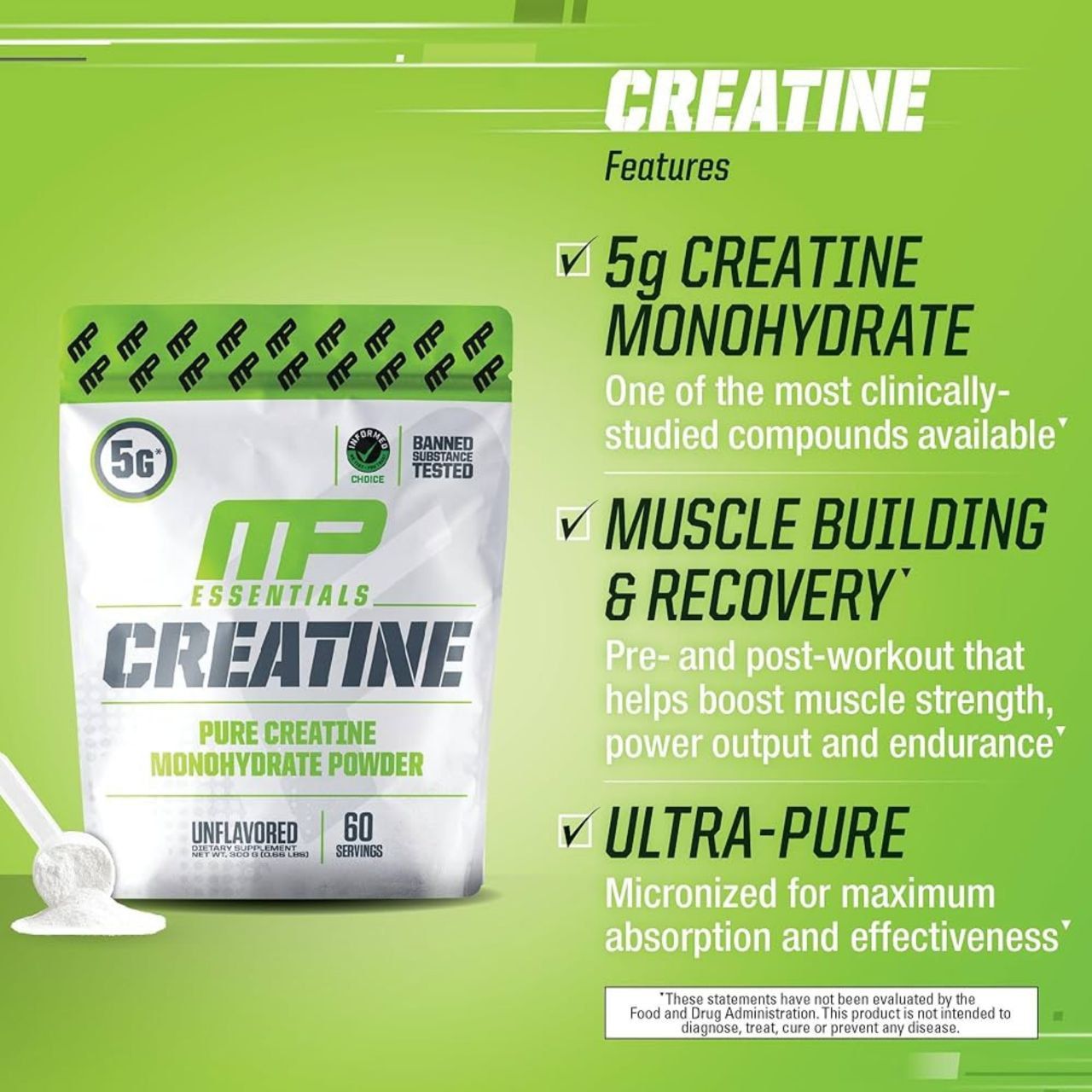 Creatine Essentials Monohydrate Powder (MusclePharm); Креатин моногидрат, 60 порций