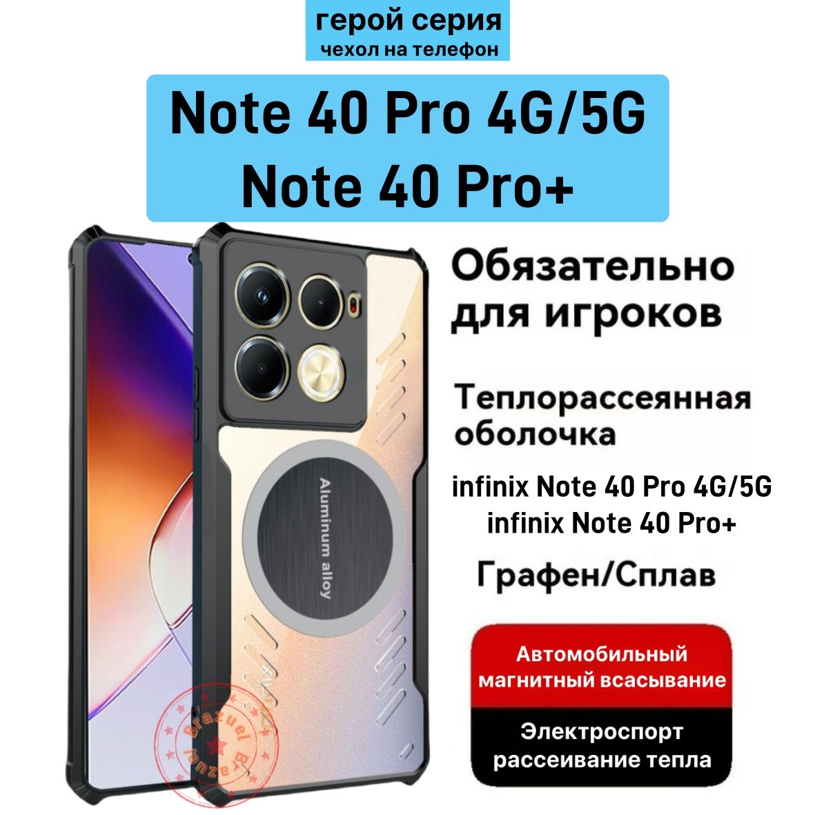 Чехолнаинфиниксноте40про/40про+infinixnote40Pro/Pro+ПрозрачностьСмартфонпротивоударныйпрозрачныйМагнитМагнитныйкронштейн