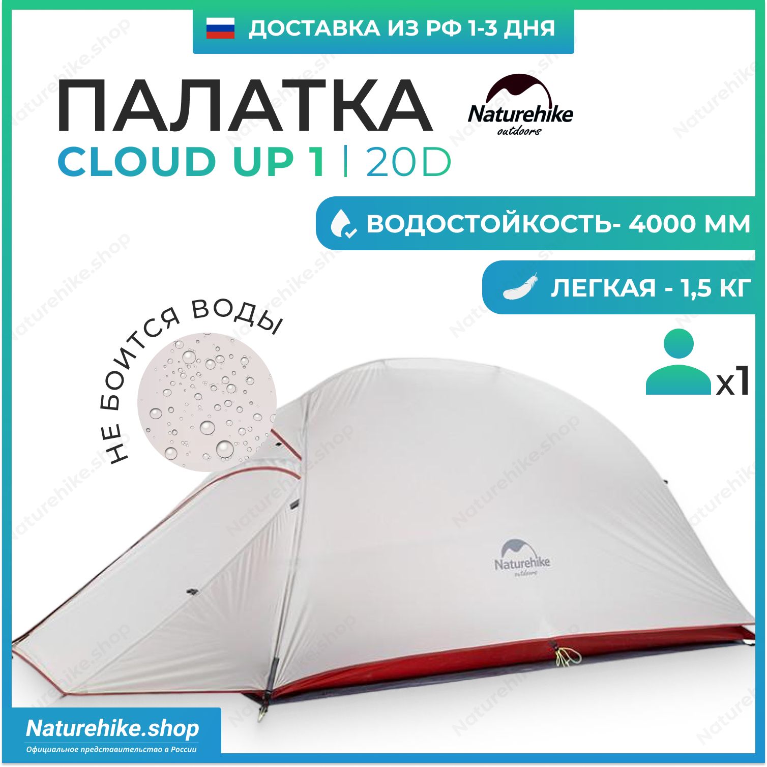 Палатка + Футпринт: Naturehike Cloud Up 1 - 20D / 1-местная, светло-серая / NH18T010-T