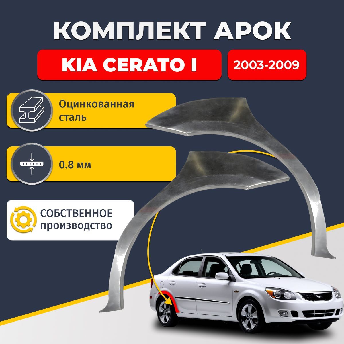 Комплект задних ремонтных арок для автомобиля (2 шт.) Kia Cerato 1 2003-2009 седан 4 двери (Киа Серато 1 / Церато 1). Оцинкованная сталь 0,8 мм.