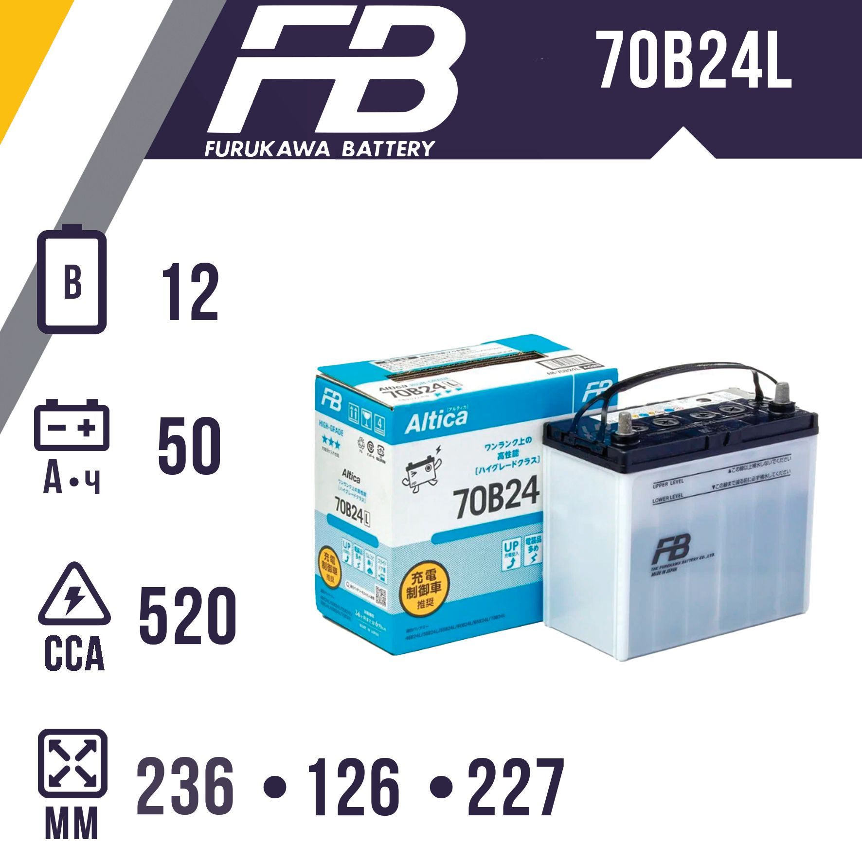 Аккумулятор автомобильный FURUKAWA BATTERY ALTICA HIGH-GRADE 70B24L обр.полярность 50Ач