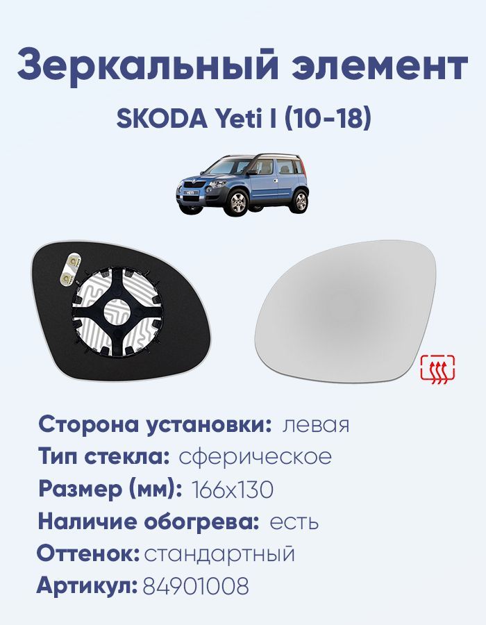 Зеркальный элемент левый SKODA Yeti I (10-18) сфера нейтральный с обогревом